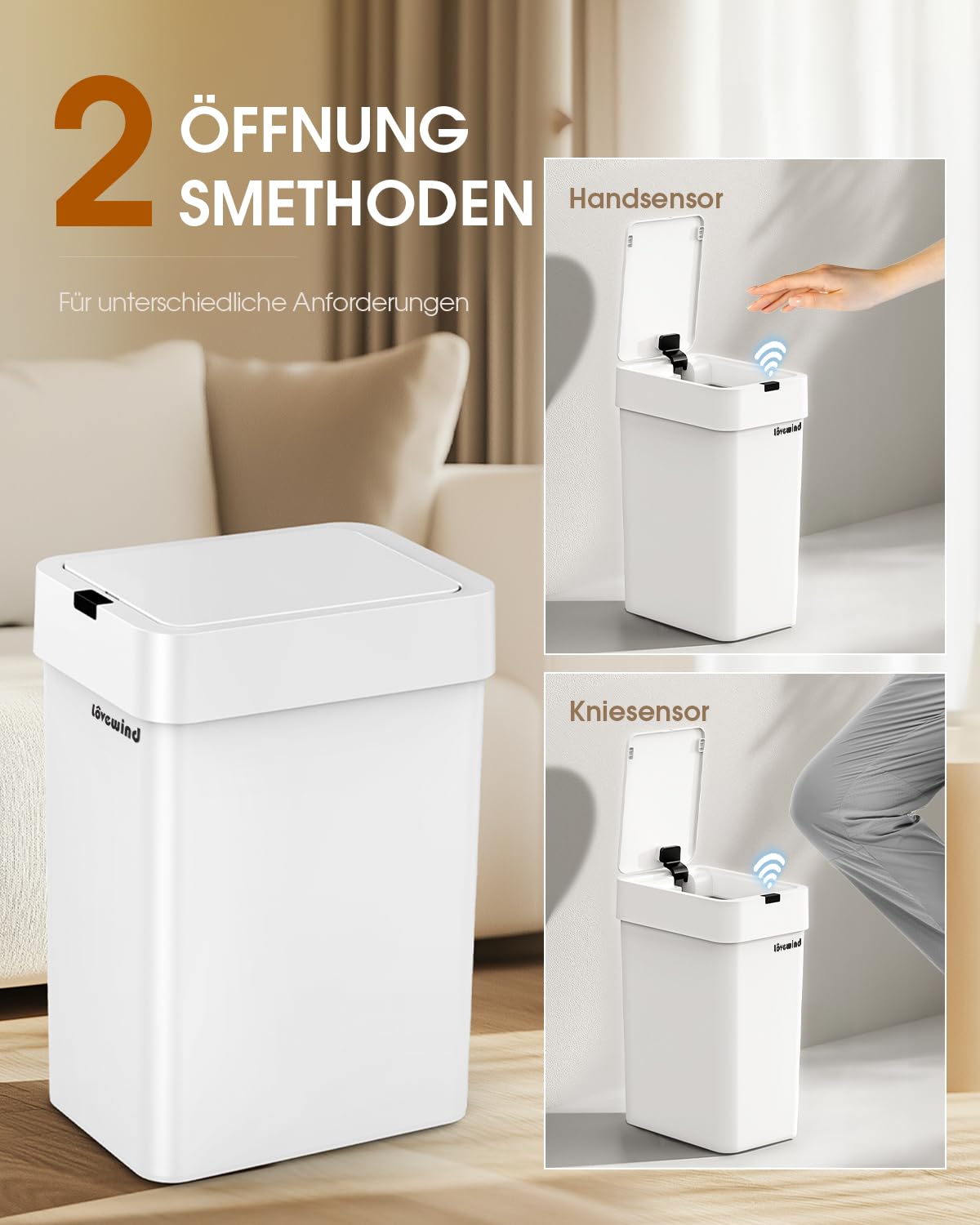 lovewind Mülleimer Bad, 9L badezimmer Mülleimer mit Deckel, Schmaler Sensor-Mülleimer, Wasserdicht Kosmetikeimer, Weiß, für Schlafzimmer, Badezimmer, Küche, Büro