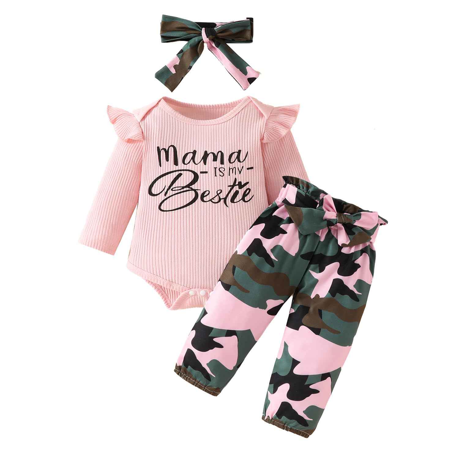 LUVCES Newborn Baby Girl Clothing Toddler Ribbed Ruffle Long Sleeve Romper + Floral Pants + Headband Cute Fall Outfit Set