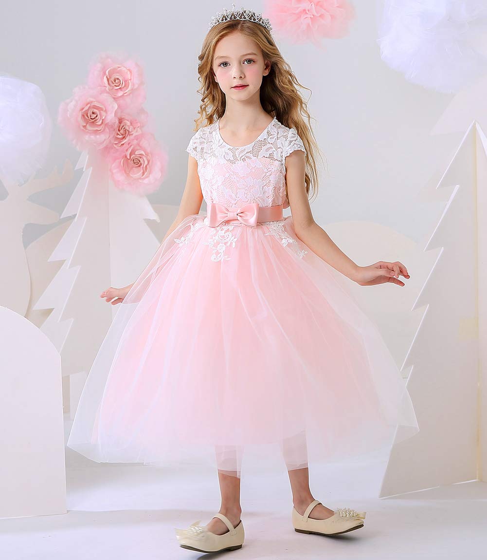 TYHTYM Blumenmädchen Kleid, Festzug, Hochzeit, Spitzenkleid, Abschlussballkleid, Mädchen, Partykleid, Flattern Ärmel, Weiß