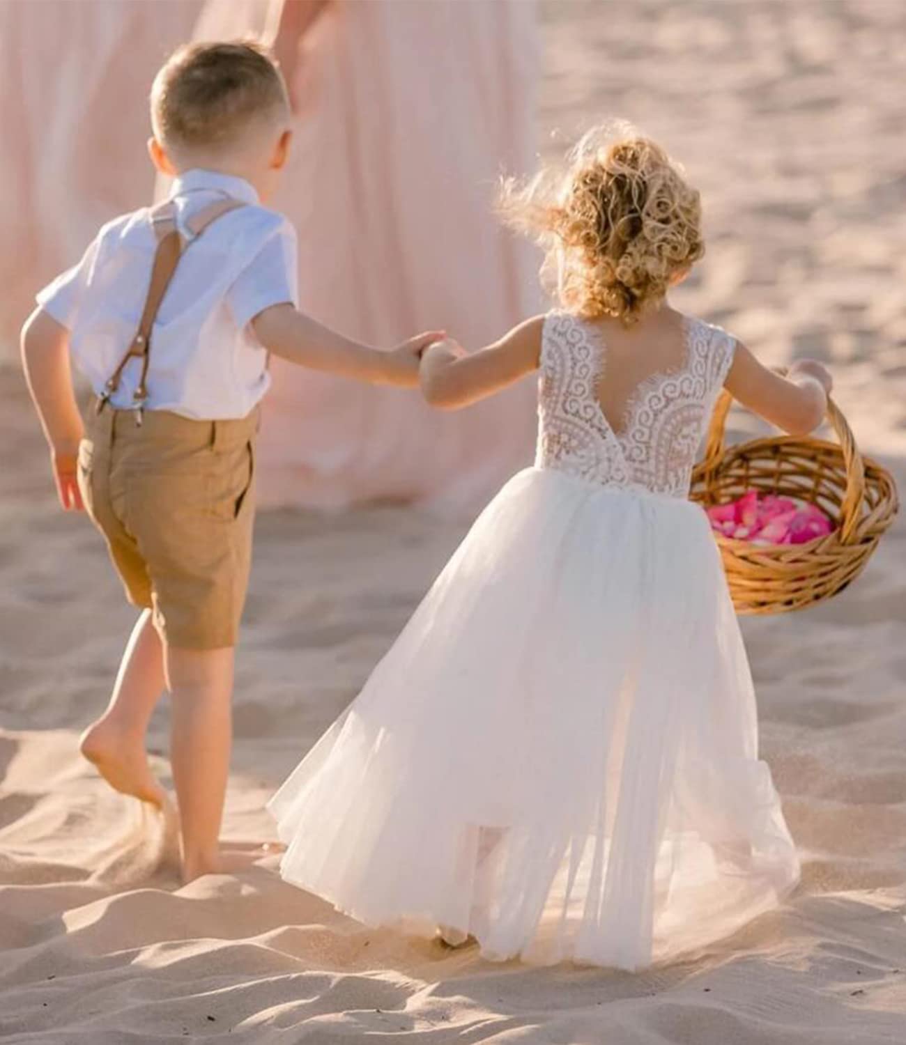 Beganly Mädchen Festtagskleider Spitze V-Rücken Kleid ärmellos Flauschig Tüll Prinzessin Partykleid Blumenmädchen Kleider