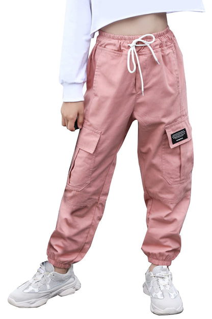 SEAUR Cargo Hose Mädchen Freizeithose Hip Hop Hose mit Gummibung Sporthose Jogginghose mit Taschen Kordelzug Trainingshose Sport Freizeit Streetwear - 100-160cm