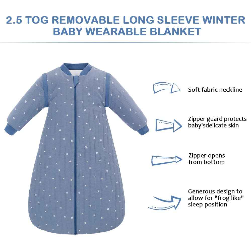amo nenes Baby Sleeping Bag 2.5 TOG, Baby Autumn Winter Long Sleeve Sleeping Bag, 100% Cotton, Removable Sleeves, Length 72 cm, 0-6 Months (Blue)