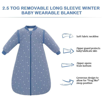 amo nenes Baby Sleeping Bag 2.5 TOG, Baby Autumn Winter Long Sleeve Sleeping Bag, 100% Cotton, Removable Sleeves, Length 72 cm, 0-6 Months (Blue)