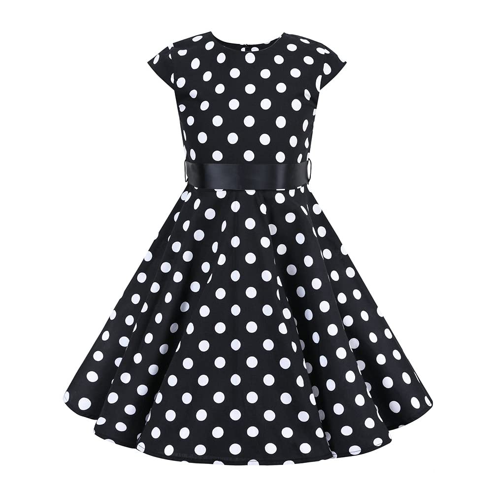 FYMNSI Girls Vintage 1950s Rockabilly Dress Party Dresses Retro Polka Dot Floral Pattern A-Line Party Dresses Pleated Skirt Knee Length for 4-12 Years 