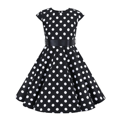 FYMNSI Girls Vintage 1950s Rockabilly Dress Party Dresses Retro Polka Dot Floral Pattern A-Line Party Dresses Pleated Skirt Knee Length for 4-12 Years 