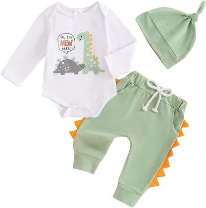 Hallo Ich bin neu hier Neugeborene Baby Jungen Kleidung Set Dinosaurier Print Langarm Bodysuit und Hosen Baumwolle Baby Kleidung Set Herbst Winter Kleidung Sets für Baby Jungen Outfits