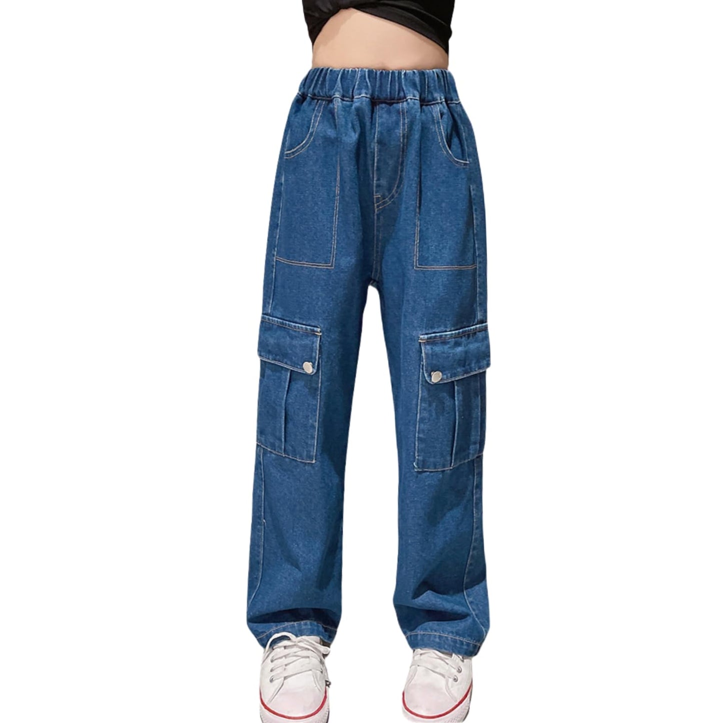 Rolanko Girls' Jeans Trousers with Hole, Denim Blue Jeans, Vintage Trousers With Wide Leg for Children