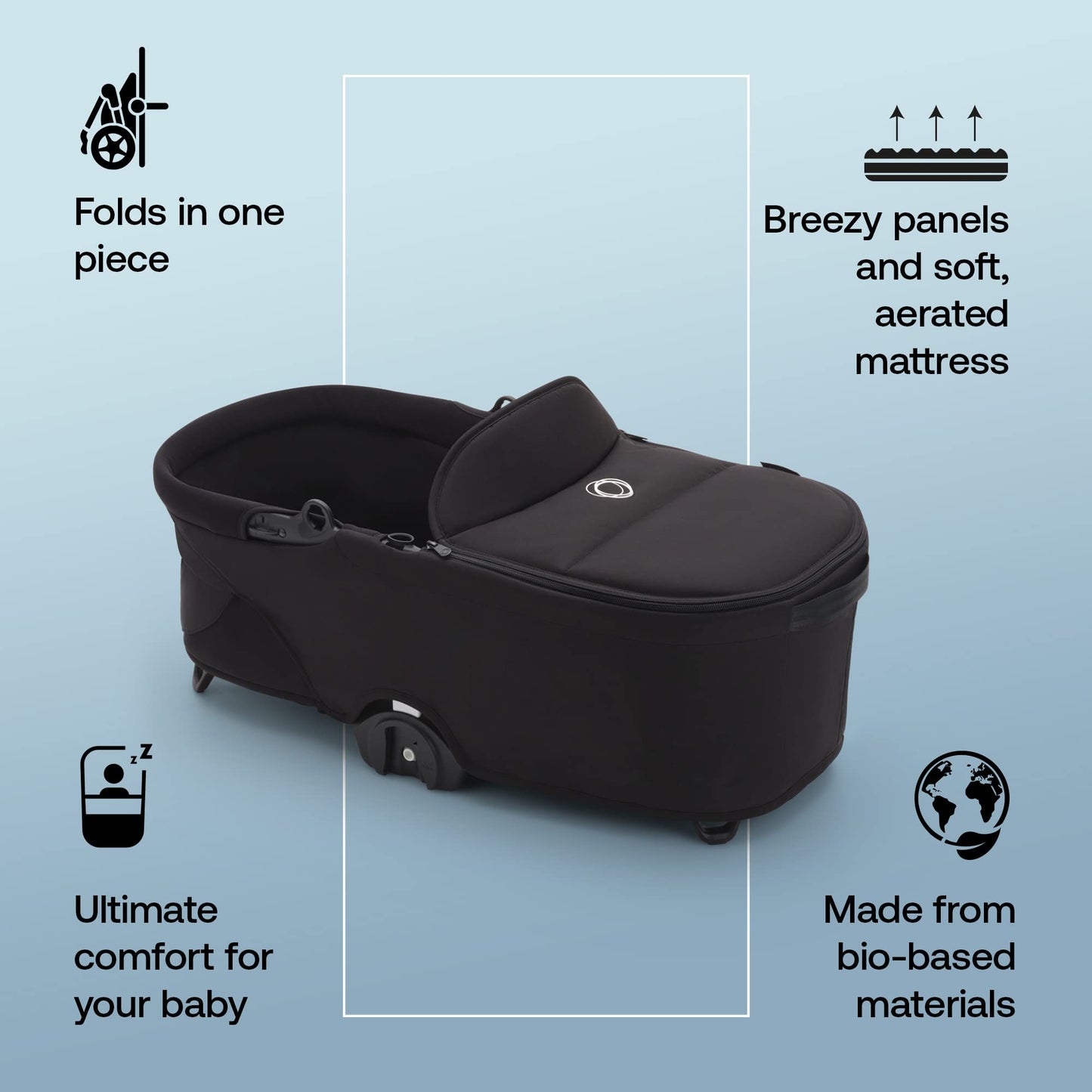 Bugaboo Dragonfly Liegewanne mit Lüftungsfenstern, einhändig faltbar in jeder Position, kompatibel mit dem Bugaboo Dragonfly City-Kinderwagen, Midnight Black