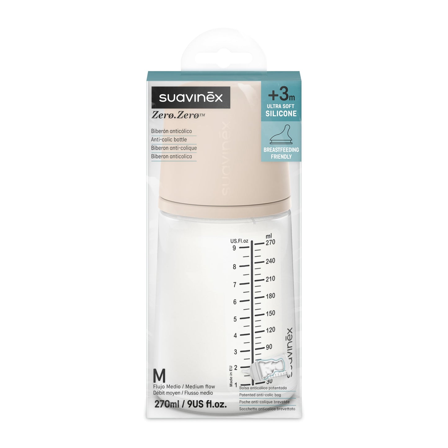 Suavinex, Anti-Colic Babyflasche Zero Zero,mit mittlerem Silikonsauger (M), für Babys ab 3 Monaten, Empfohlen für gestillte Babys und Flaschennahrung, 270 ml, Deep - Meloni2