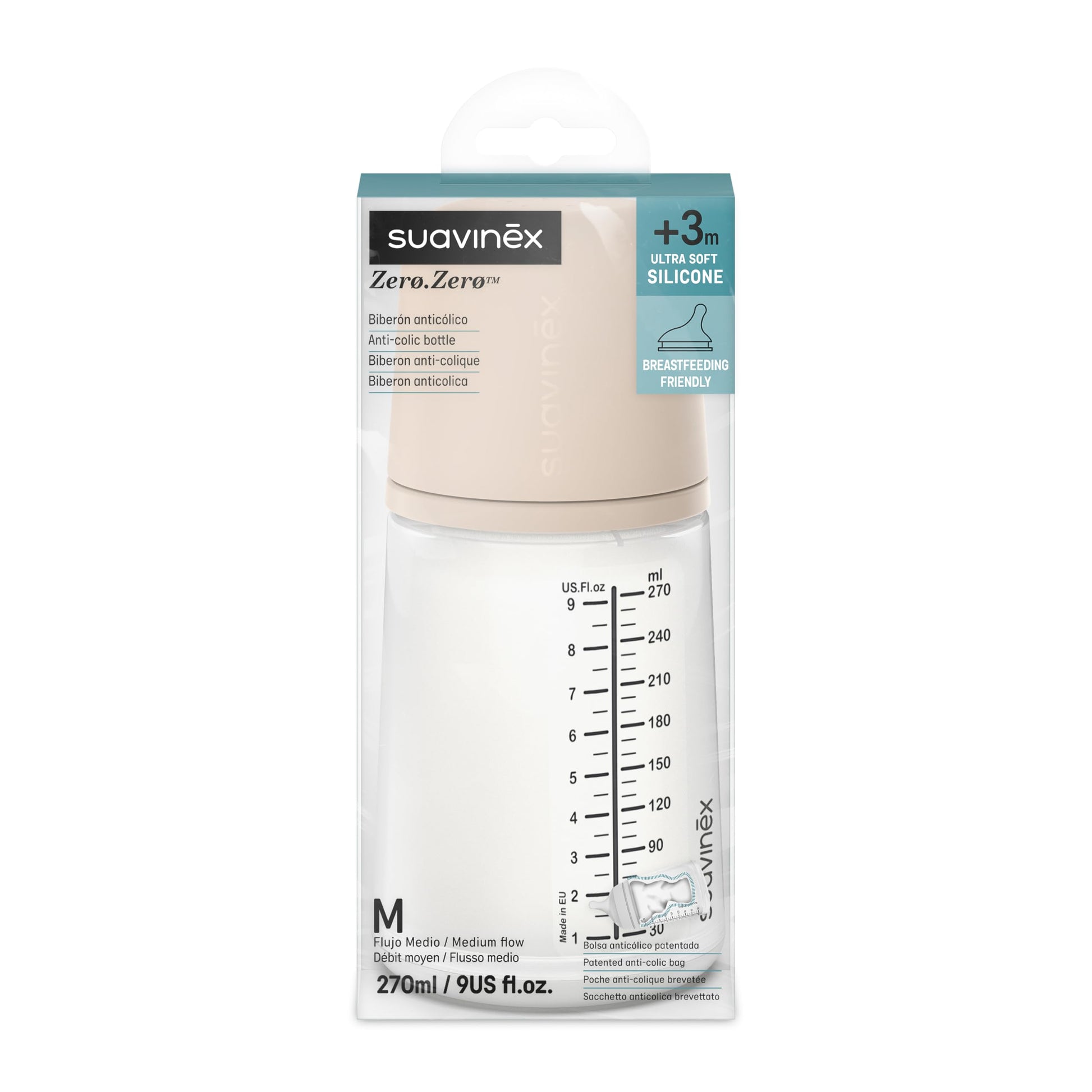 Suavinex, Anti-Colic Babyflasche Zero Zero,mit mittlerem Silikonsauger (M), für Babys ab 3 Monaten, Empfohlen für gestillte Babys und Flaschennahrung, 270 ml, Deep - Meloni2