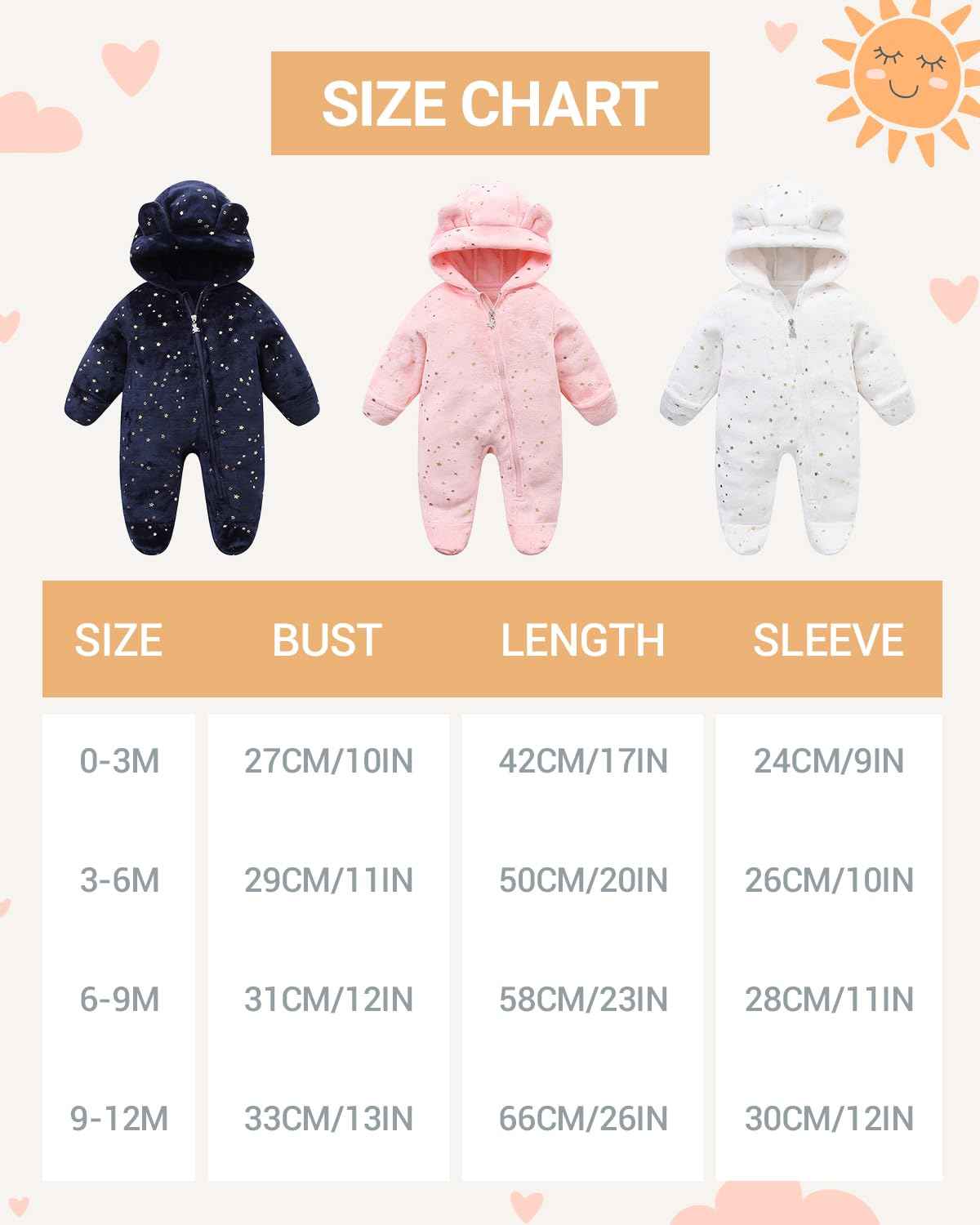 WYTbaby Baby Jumpsuit Winter Fleece Snowsuit Baby Warm Romper with Hood Autumn Winter for Boys Girls 0-12 Months