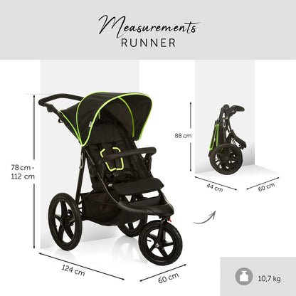 Hauck Runner, Schwarz/Neongelb - Robuster All-Terrain-Pugchair mit Regenschutz, XL Pneumatische Lufträder, verstellbare Rückenlehne von Geburt bis zu 22 kg, höhenverstellbarer Griff, XL Mesh-Fenster