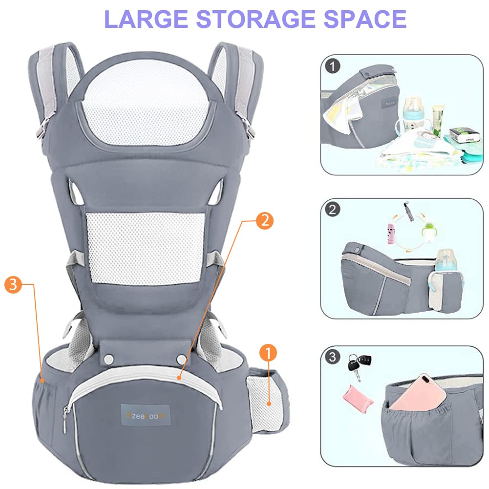 Azeekoom Baby Carrier Ergonomic with Hip Seat, Cotton Child Carrier Dorsal and Ventral, Lightweight Breathable, Adjustable Headrest for Babies and Children from 0 to 48 Months (3.5 to 25 kg) 