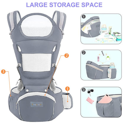 Azeekoom Baby Carrier Ergonomic with Hip Seat, Cotton Child Carrier Dorsal and Ventral, Lightweight Breathable, Adjustable Headrest for Babies and Children from 0 to 48 Months (3.5 to 25 kg) 