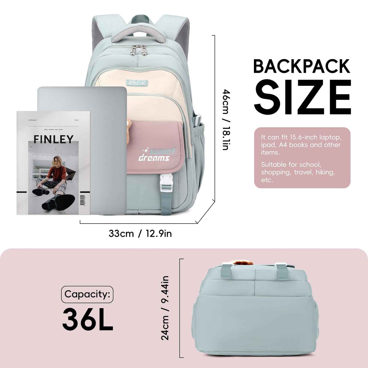 School Backpack Teenager - 36L School Bag for Girls from 5th Grade, Large Backpack for Middle and High School, Casual Children's Backpack with Cute Pendant and Trolley Strap, black, Rucksack