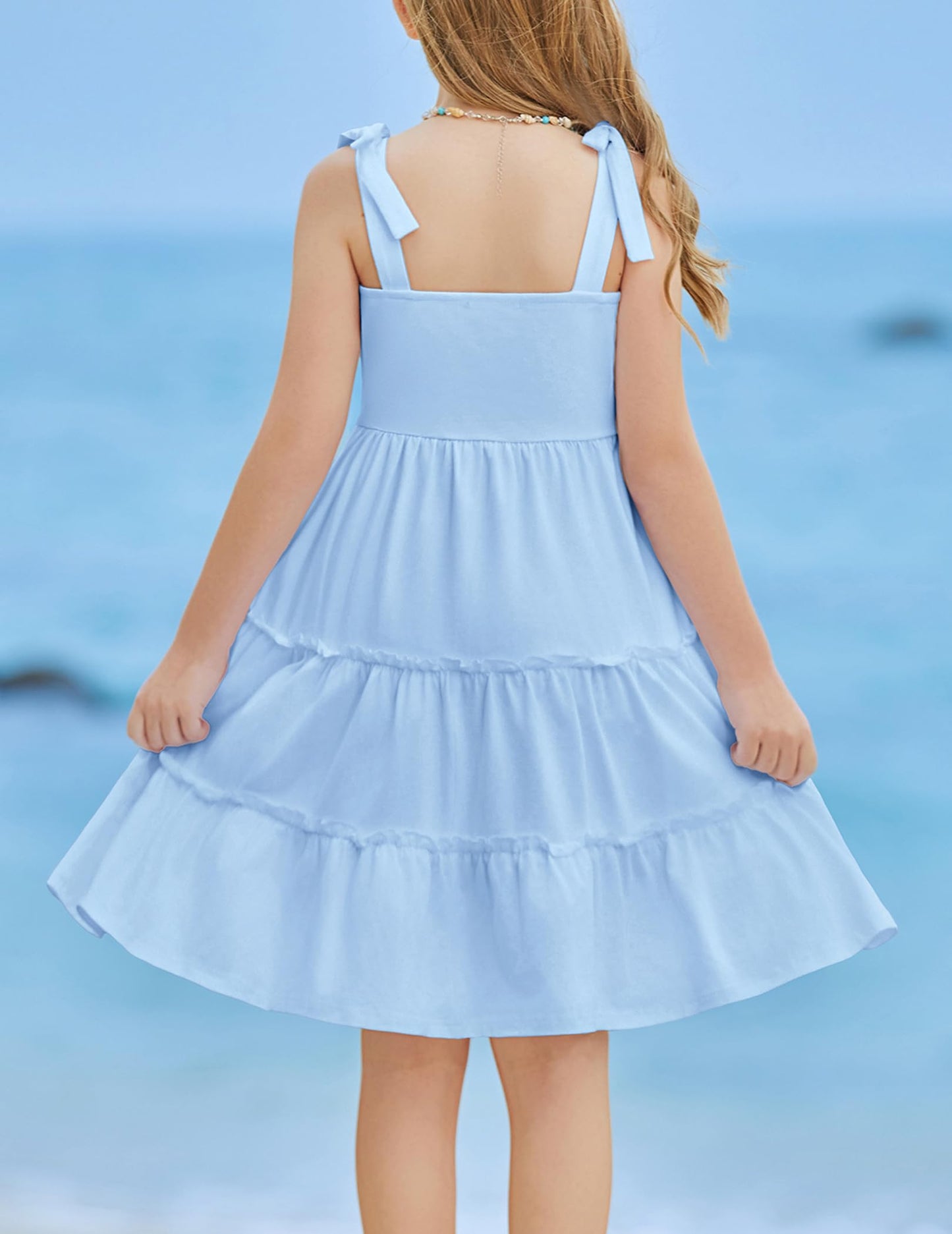Arshiner Mädchen Kleider Fliege Trägerkleid Kinder Baumwolle Sommerkleid Ärmelloses A-Linie Swingkleid Schulterfrei Elegant Freizeitkleid für Mädchen 5-15 Jahre