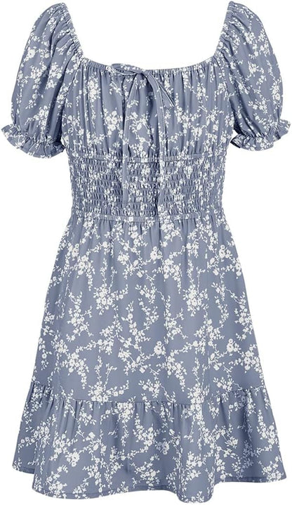 Haloumoning Girls Dresses Short Sleeve Summer Dress Kids Puffy Sleeve Floral Dress Square Neck A-Line Casual Dress Casual Party Wedding Festive Dress 