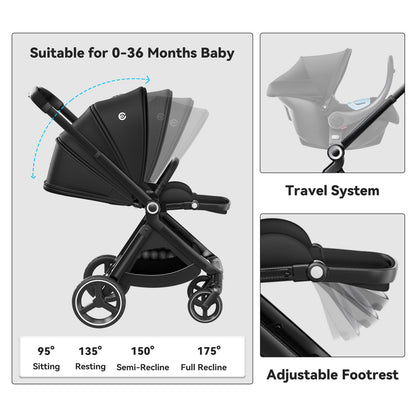 ELITTLE EMU Gegen Fahrtrichtung Buggy Kinderwagen Faltbar kompakter Baby Buggy Schwarz Wendesitz Kinderwagen mit Liegefunktion für Klein von 0 bis 3 Jahre (0-25 kg)