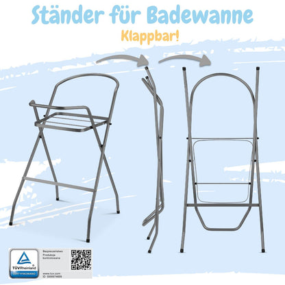 Baby Badewanne mit Gestell 4 Set TÜV Rheinland zertifiziert! Babybadewannen + Baby Badewannensitz +Abfluss + Gestell - Babywanne mit Ständer! Baby Pflegeset für Neugeborene.