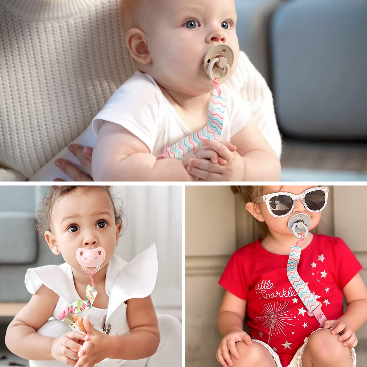 Suofuolef 4 Pack Schnullerkette Baby Mädchen, Baby Schnullerband Set mit Adaptern, Schnuller Clips für Neugeborenen Geburt & Taufe Geschenk, Rose
