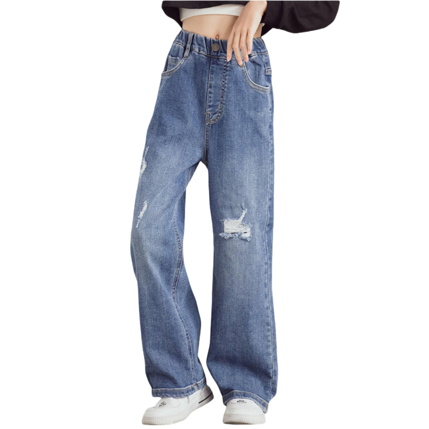 Rolanko Girls' Jeans Trousers with Hole, Denim Blue Jeans, Vintage Trousers With Wide Leg for Children