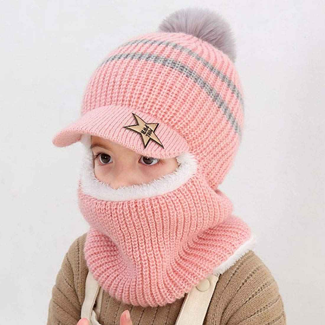 YONKOUNY Kinder Wintermütze Jungen Mädchen Warm Niedlich Strickmütze Schalmütze Schlupfmütze Beanie Mütze mit Fleecefutter