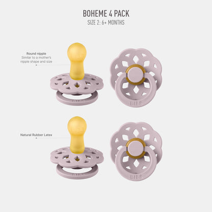 BIBS Boheme Schnuller 4er-Pack. BPA-frei, Kirschform Nippel. Naturkautschuk/Latex, Hergestellt in Dänemark. Größe 1/2, (0-6 Monate/6-18 Monate), (4er Pack), Vanilla Mix