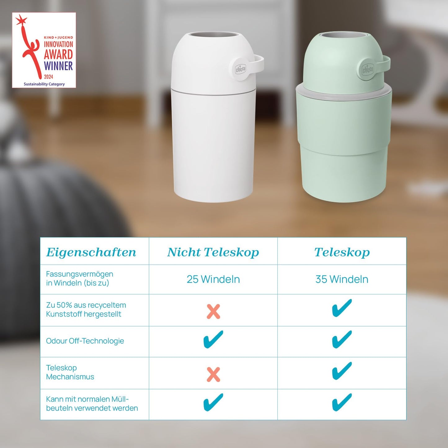 Chicco Windeleimer Odour Off, geruchsdichtes System, platzsparender Baby Windeleimer mit Deckel, einfach zu benutzen und zu reinigen, Ohne Nachfüllkassetten, funktioniert mit herkömmlichen Tüten
