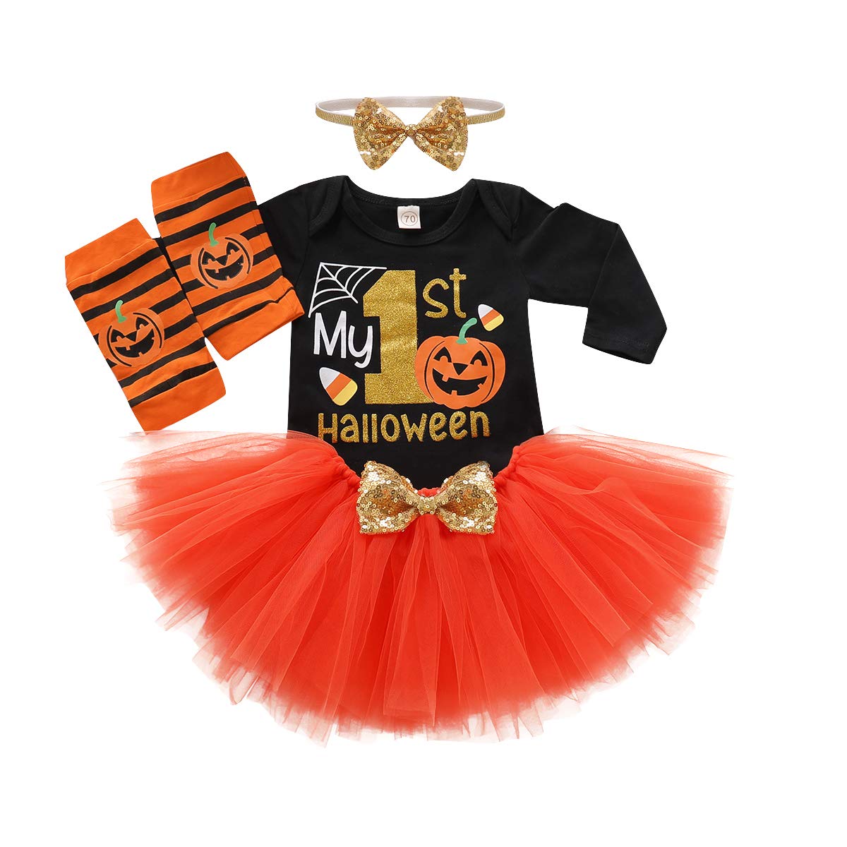 Baby Girl Halloween Outfit, My First Halloween Baby Girl Clothing, Halloween Outfit Baby, Newborn Halloween Baby Pumpkin Romper + Tutu Skirt + Leg Warmer + Headband, Baby Clothing Halloween