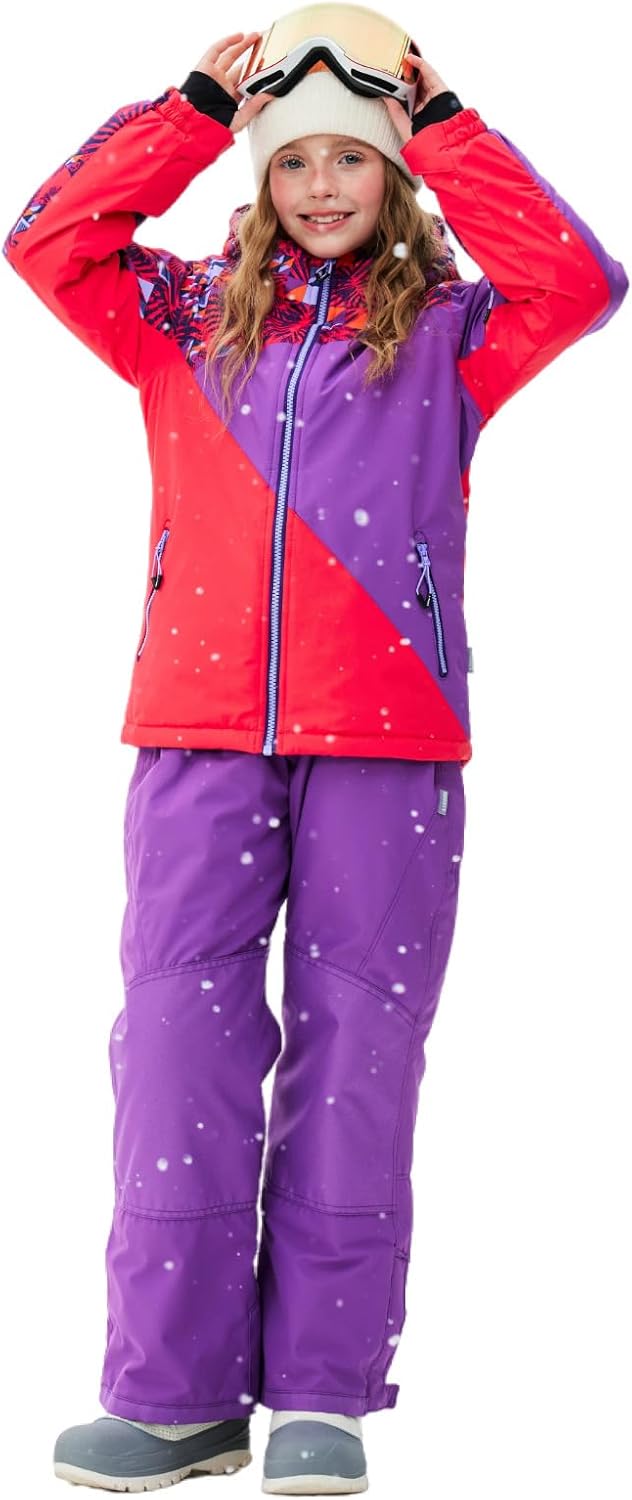 Children's Ski Suit Girls Waterproof Windproof and Warm 2-Piece with Hood 6-16 Years Outdoor Sports, Mountaineering, Skiing