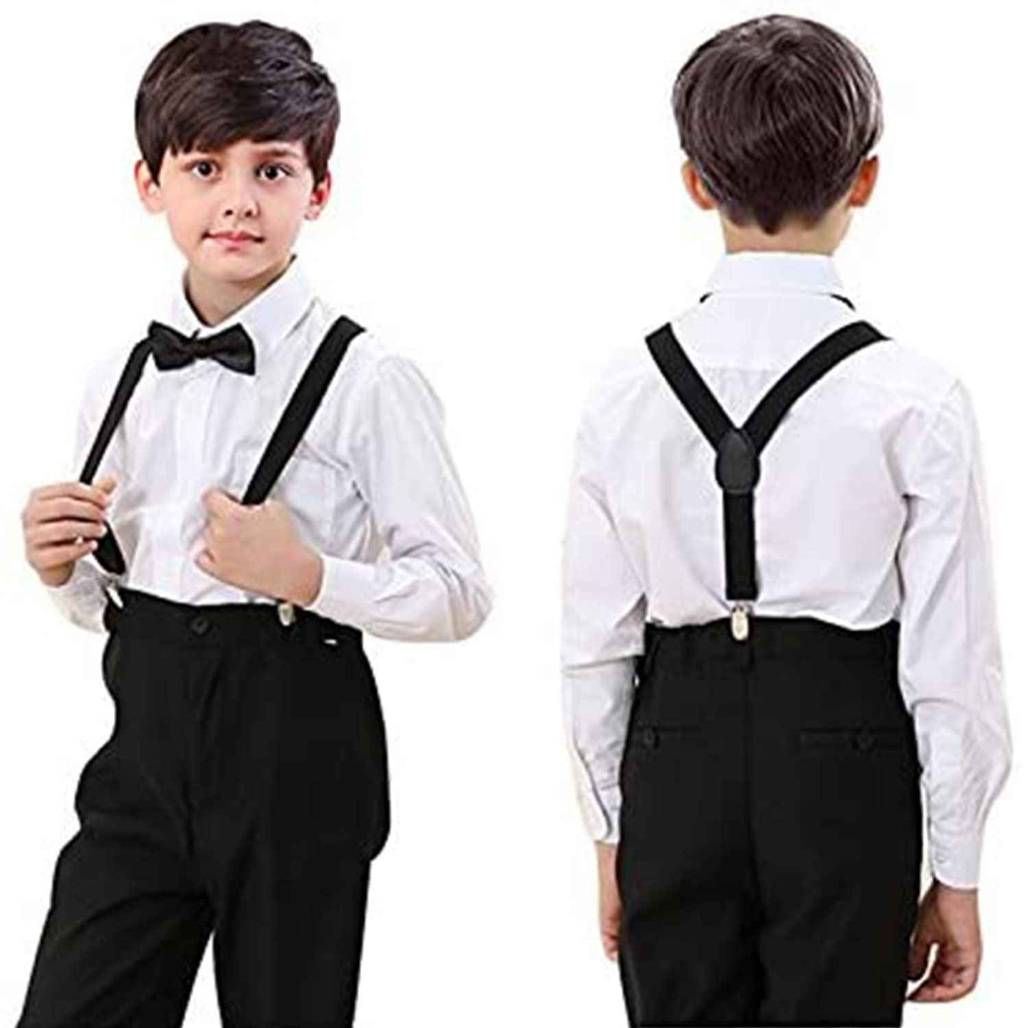 HANERDUN Unisex Boys Girls Bow Tie Braces with Three Clothes Clips on Waistband