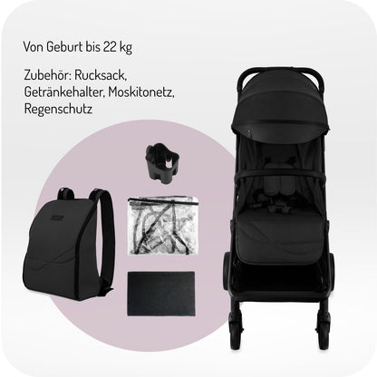 MoMi Kinderwagen ANDREA mit automatischem Faltsystem, bis 22 kg Körpergewicht, 5-Punkt-Sicherheitsgurt, Getränkehalter, Einkaufskorb, Tasche, Insekten- und Regenschutz, mit Zwillingsfunktion