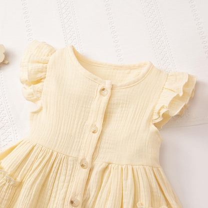 Kleinkinder Mädchen Sommerkleid Rüschenärmel Rundhalsausschnitt Knopfleiste Kleid lässiges Herbst A-Linien Party Kinderkleider 2-6 Jahre