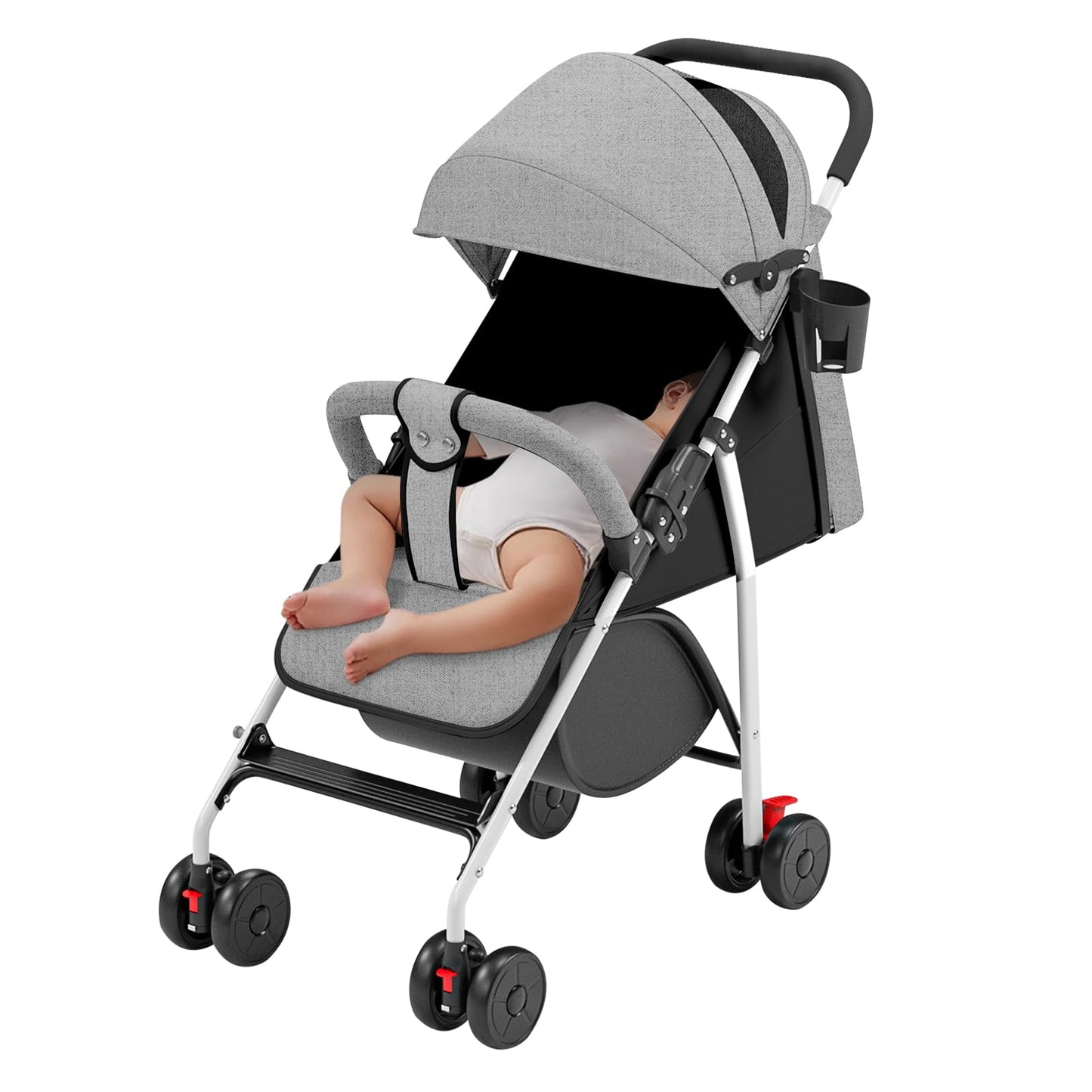 Buggy für Babys, ultraleicht, kompakt, faltbar und neigbar, von Geburt bis 25 kg, mit Trolley-System, Regenschutz inklusive, ausziehbarer Haube, C-schwarz