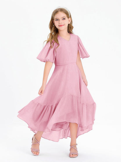 Haloumoning Mädchen Sommerkleid V-Ausschnitt Rüschenkleider Casual A Line Kleid Flowy Hoch Niedrig Lang Partykleid Elegant Langes Abendkleid
