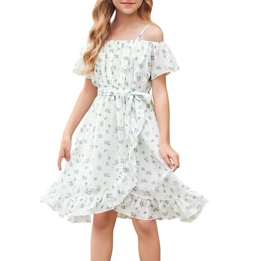 cenozo Casual Dresses for Girls, Chiffon Floral Dress, Off-the-Shoulder Summer Dress with Adjustable Straps, Leisure with Ruffle Sleeves, for Girls Aged 6 to 14 Years