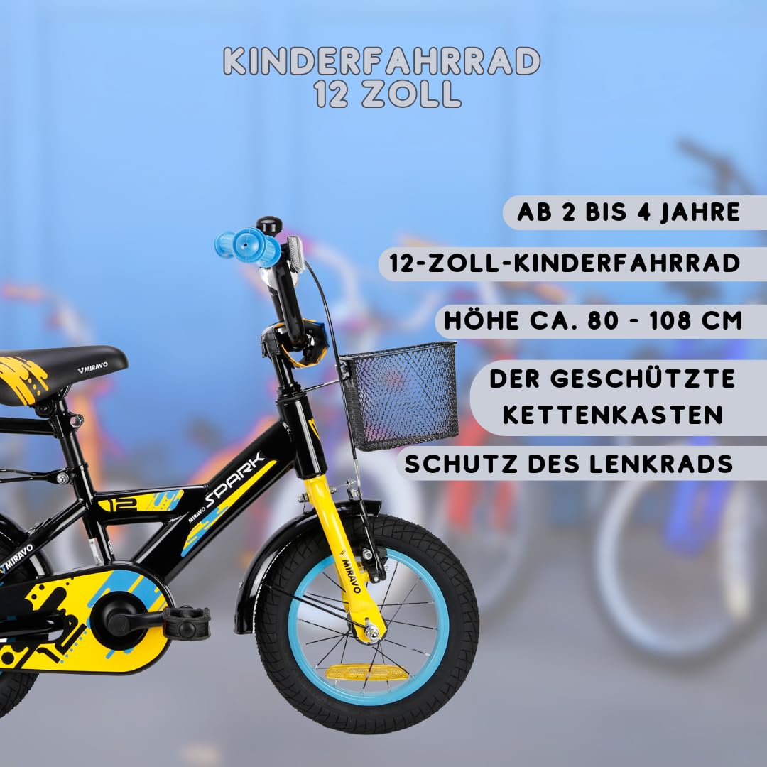 MIRAVO Kinderfahrrad Fahrrad Kinder Ab 2 Bis 8 Jahre Mit Stützrädern Schubstange V-Brake Bremsen Rückstrahl Aufkleber 12 16 20 Zoll Radgröße Korb Für Junge Spark - Meloni2