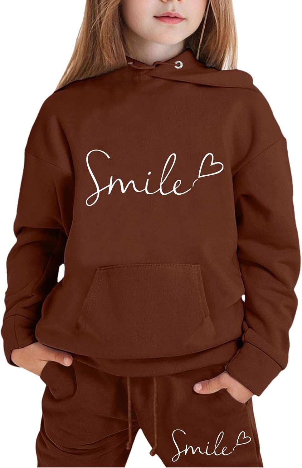 Mädchen 2-teiliges Outfit Herbst Hoodie Lächeln Sweatsuit Sets Kinder 2025 mit Kapuze Ausgehen Sweatanzüge Sweatshirt mit Taschen Grafik Langarm Brief Kordelzug Sweatsuits Sets