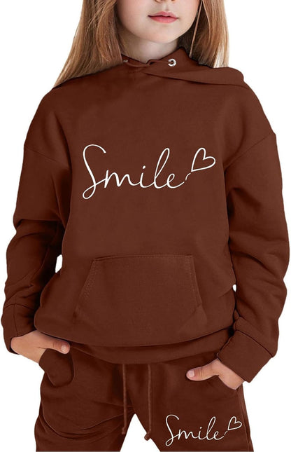 Mädchen 2-teiliges Outfit Herbst Hoodie Lächeln Sweatsuit Sets Kinder 2025 mit Kapuze Ausgehen Sweatanzüge Sweatshirt mit Taschen Grafik Langarm Brief Kordelzug Sweatsuits Sets