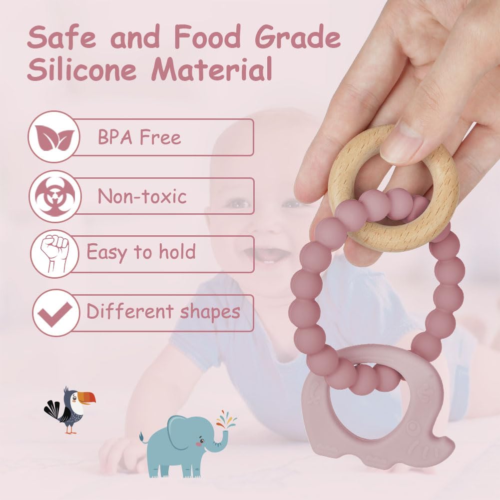 Vicloon Beißring für Babys, Beißring Spielzeug aus Silikon und Holzringe, Baby Zahnungshilfe BPA-frei, Schmerzlindernde Zahnen Nursing Zubehör für ab 3 Monaten Babys(Wal Blau)