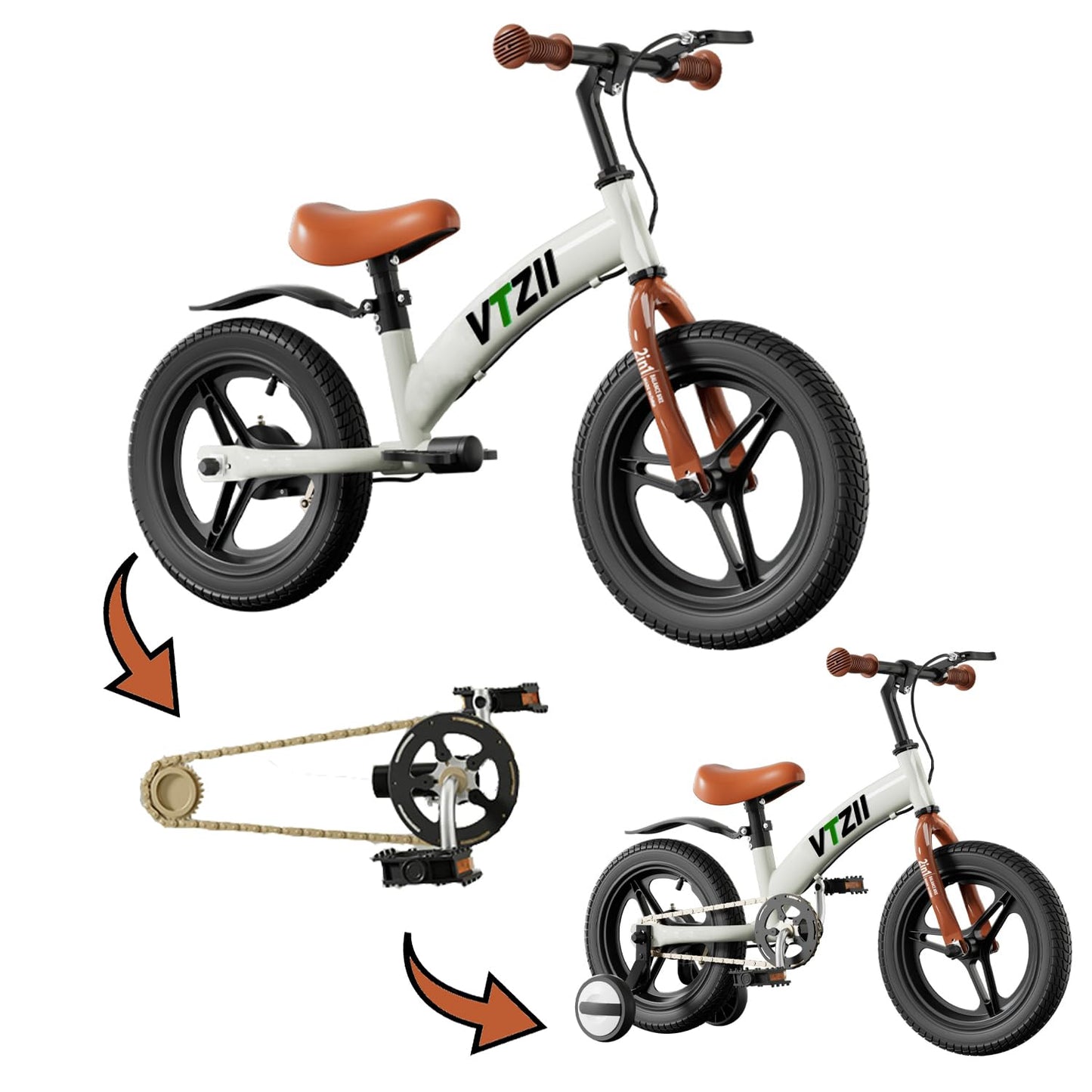 VTZII Laufrad 2 in 1 Kinderfahrrad für Kinder ab 2 3 4 5 6 7 Jahre,mit Bremse Stützräder Pedalen,12 14 16 Zoll Kinderlaufrad - Meloni2