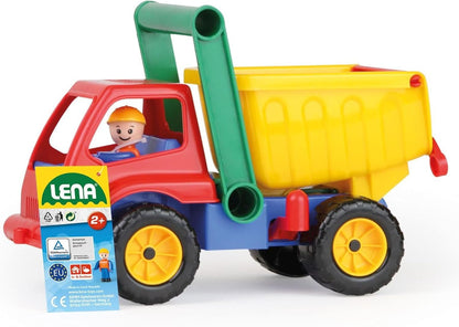 Lena 04150 - Aktive LKW Kipper, Baustellenfahrzeug ca. 27 cm, robuster Kipplaster mit Haltegriff und beweglicher Spielfigur, Muldenkipper Set, Spielfahrzeug für Kinder ab 2 Jahre