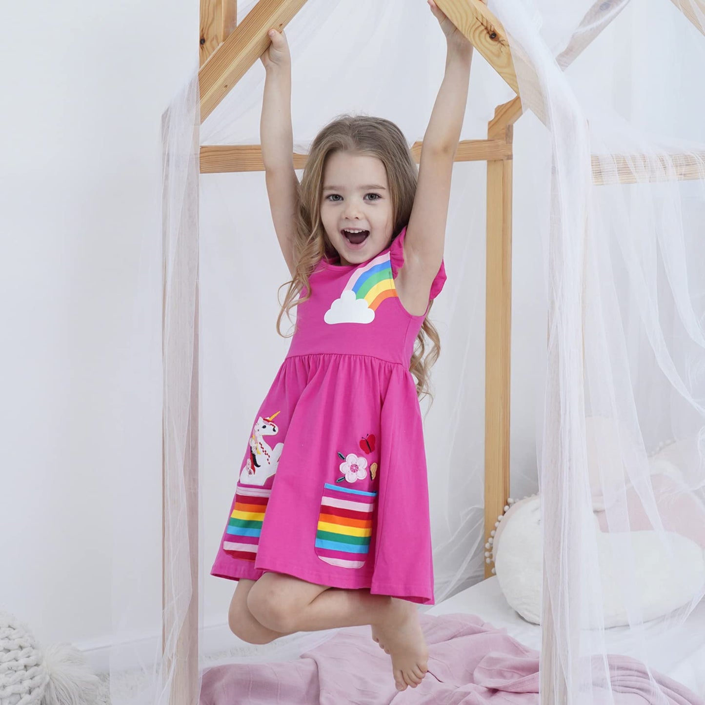 SFreeBo Girls Dresses Unicorn Rainbow Dress Kids Girls Gift Cotton Colourful Dresses for Girls 104 110 116 122 128