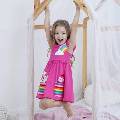 SFreeBo Girls Dresses Unicorn Rainbow Dress Kids Girls Gift Cotton Colourful Dresses for Girls 104 110 116 122 128