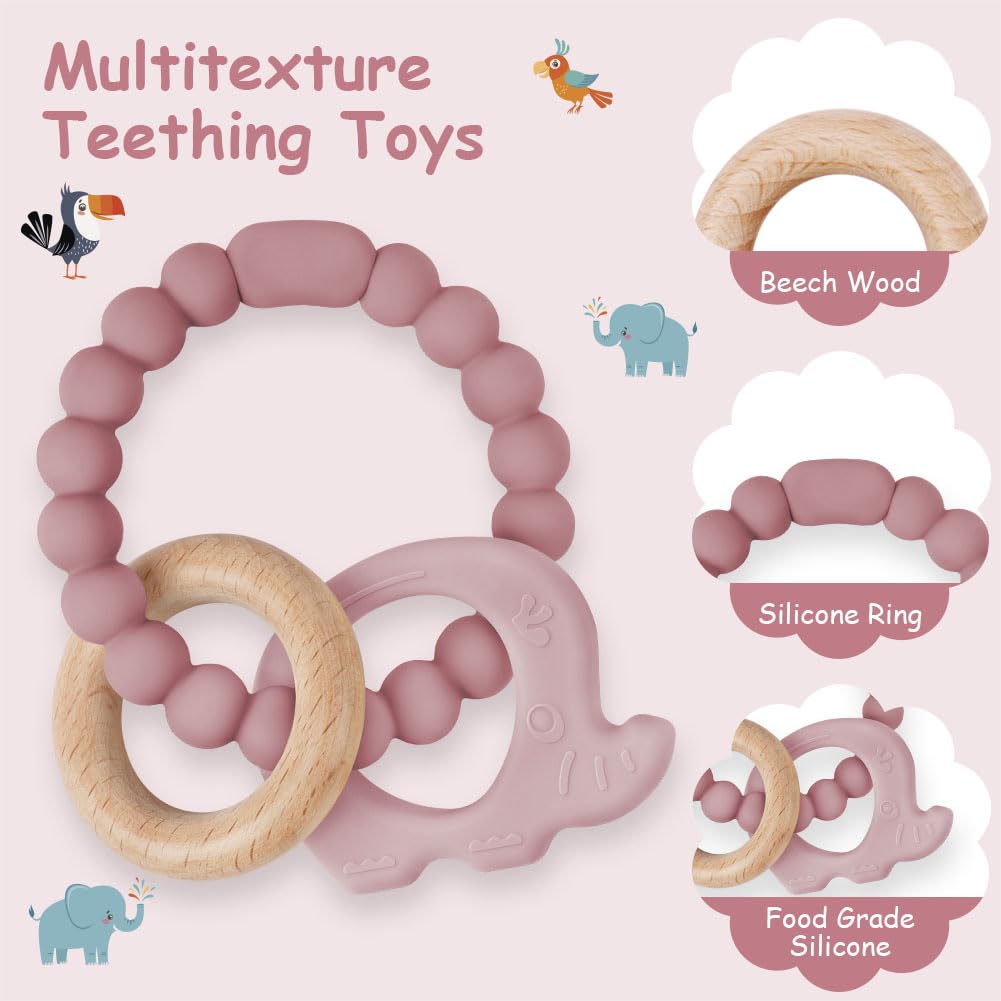 Vicloon Beißring für Babys, Beißring Spielzeug aus Silikon und Holzringe, Baby Zahnungshilfe BPA-frei, Schmerzlindernde Zahnen Nursing Zubehör für ab 3 Monaten Babys(Wal Blau)