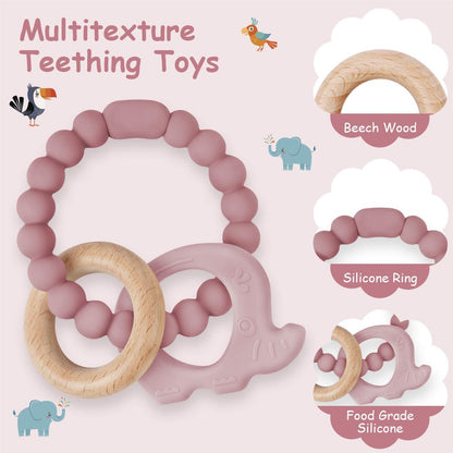 Vicloon Beißring für Babys, Beißring Spielzeug aus Silikon und Holzringe, Baby Zahnungshilfe BPA-frei, Schmerzlindernde Zahnen Nursing Zubehör für ab 3 Monaten Babys(Wal Blau)