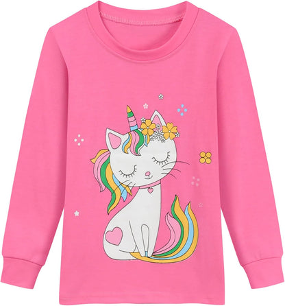 EULLA Kinder Schlafanzüge Mädchen Langarm Winter Pyjama Set Baumwolle Meerjungfrau Einhorn Prinzessin Katze Dino Zweiteilig Nachtwäsche 92 98 104 110 116 122