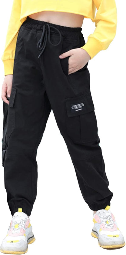 SEAUR Cargo Pants Girls Casual Pants Hip Hop Pants with Elastic Waist Sports Pants Jogging Pants with Pockets Drawstring Training Pants Sport Leisure Streetwear - 100-160cm 
