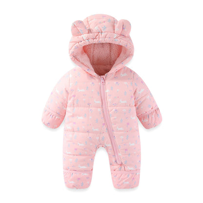 JiAmy Baby Winter Snowsuit, Toddler Bear Hood Fold-Over Mittens Booties Jumpsuit Toddler Warm Fleece Romper Girls Boys Warm Jumpsuit 3-24 Months