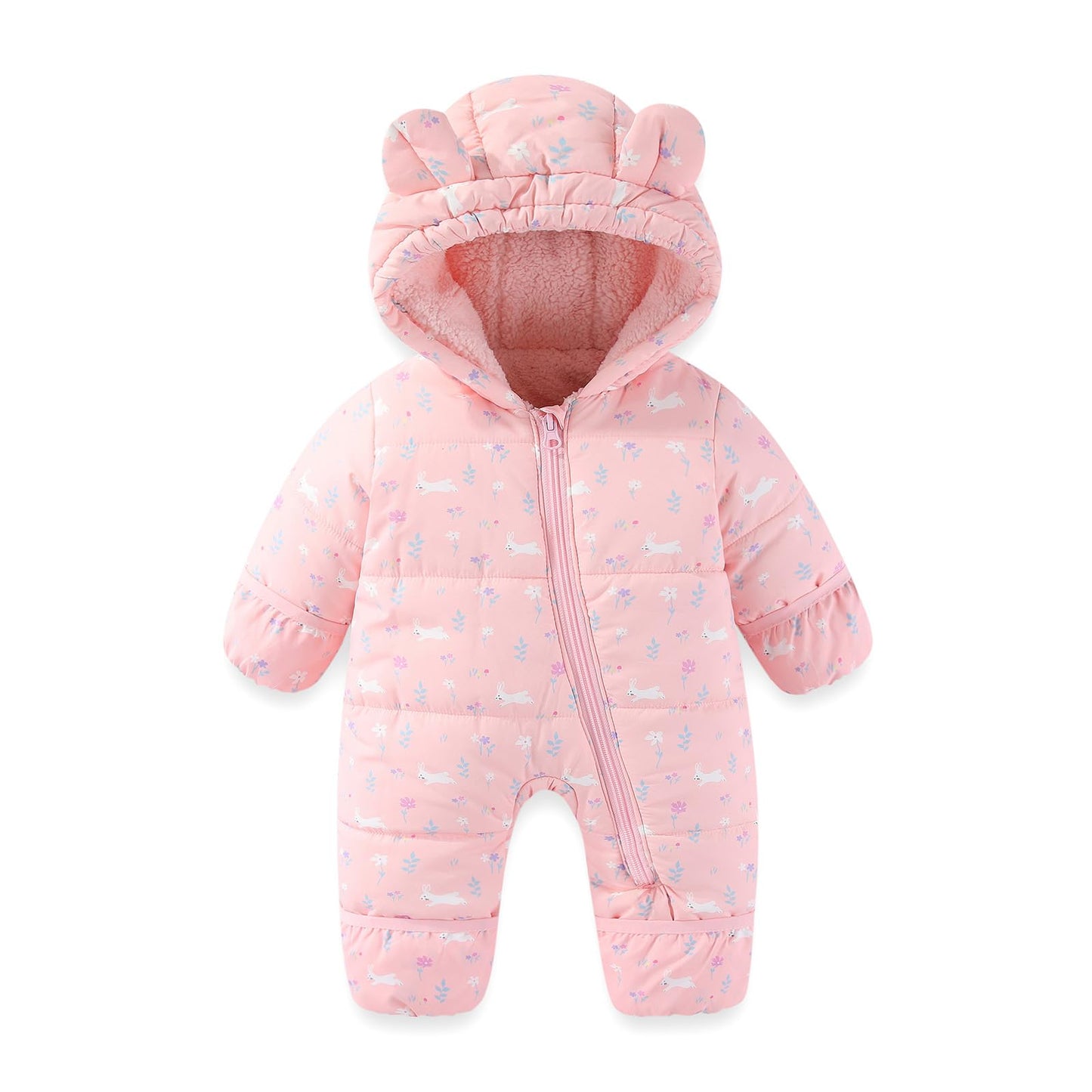 JiAmy Baby Winter Snowsuit, Toddler Bear Hood Fold-Over Mittens Booties Jumpsuit Toddler Warm Fleece Romper Girls Boys Warm Jumpsuit 3-24 Months